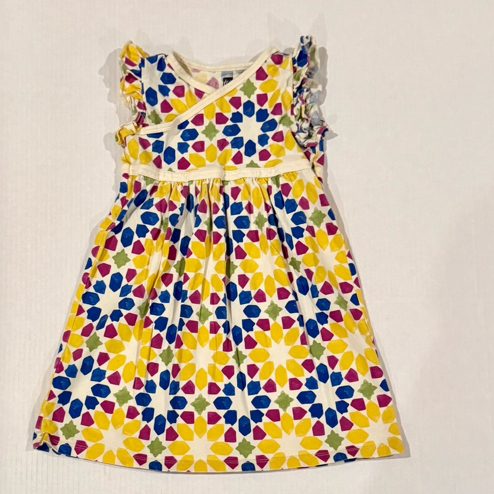 Tea Collection Ruffle Sleeve Wrap-Neck Dress in Porto Mosaic 4T